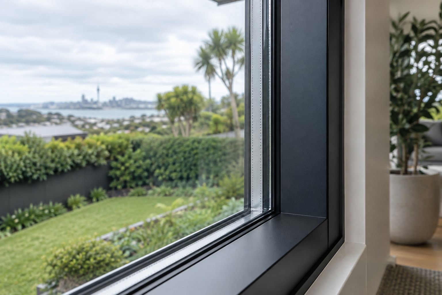 Close view of a black aluminium double-glazed window frame