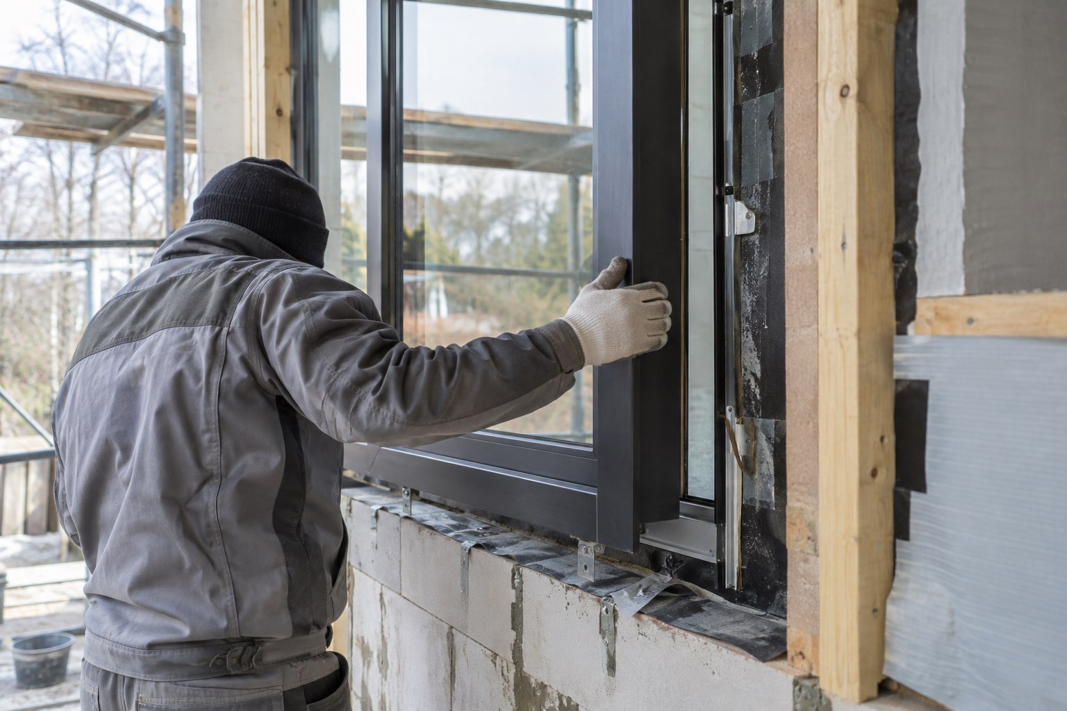 Installer fitting a black aluminium window during a renovation