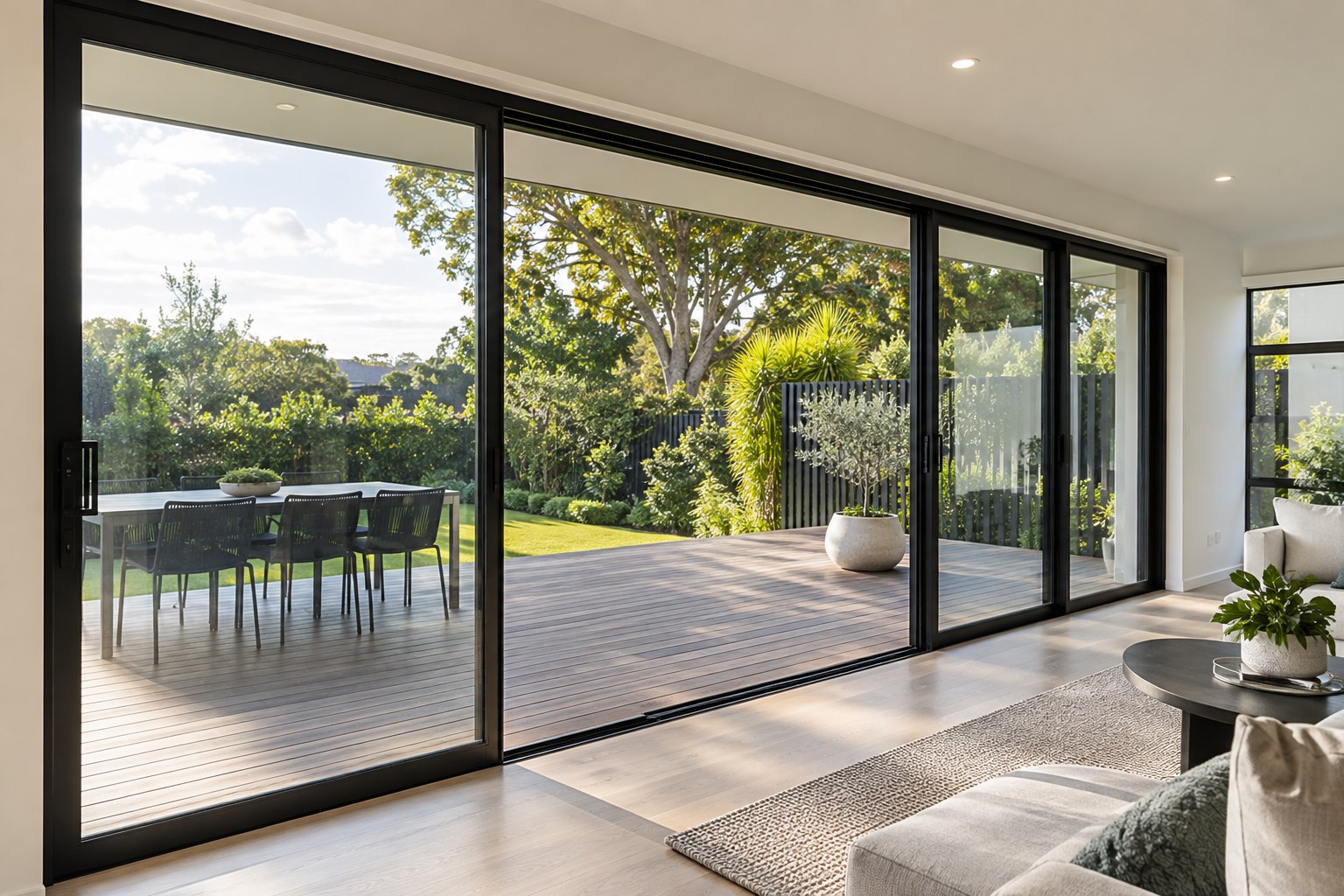 Black aluminium sliding doors opening from a living room to a timber deck