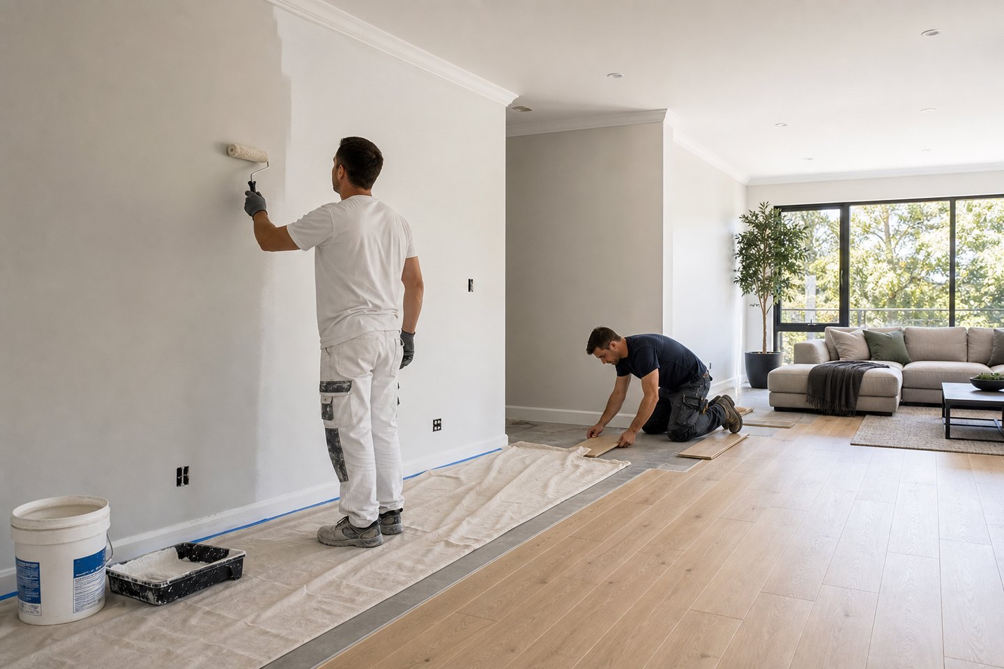 Coordinated flooring installation and interior painting renovation package