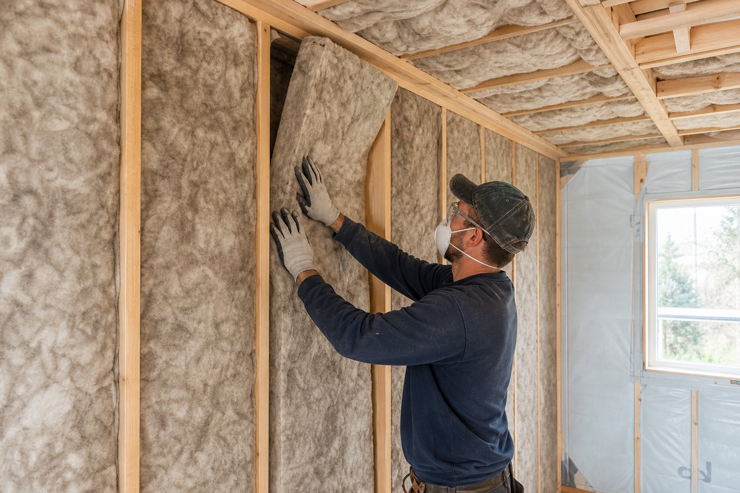 Residential wall and ceiling insulation being installed between timber framing
