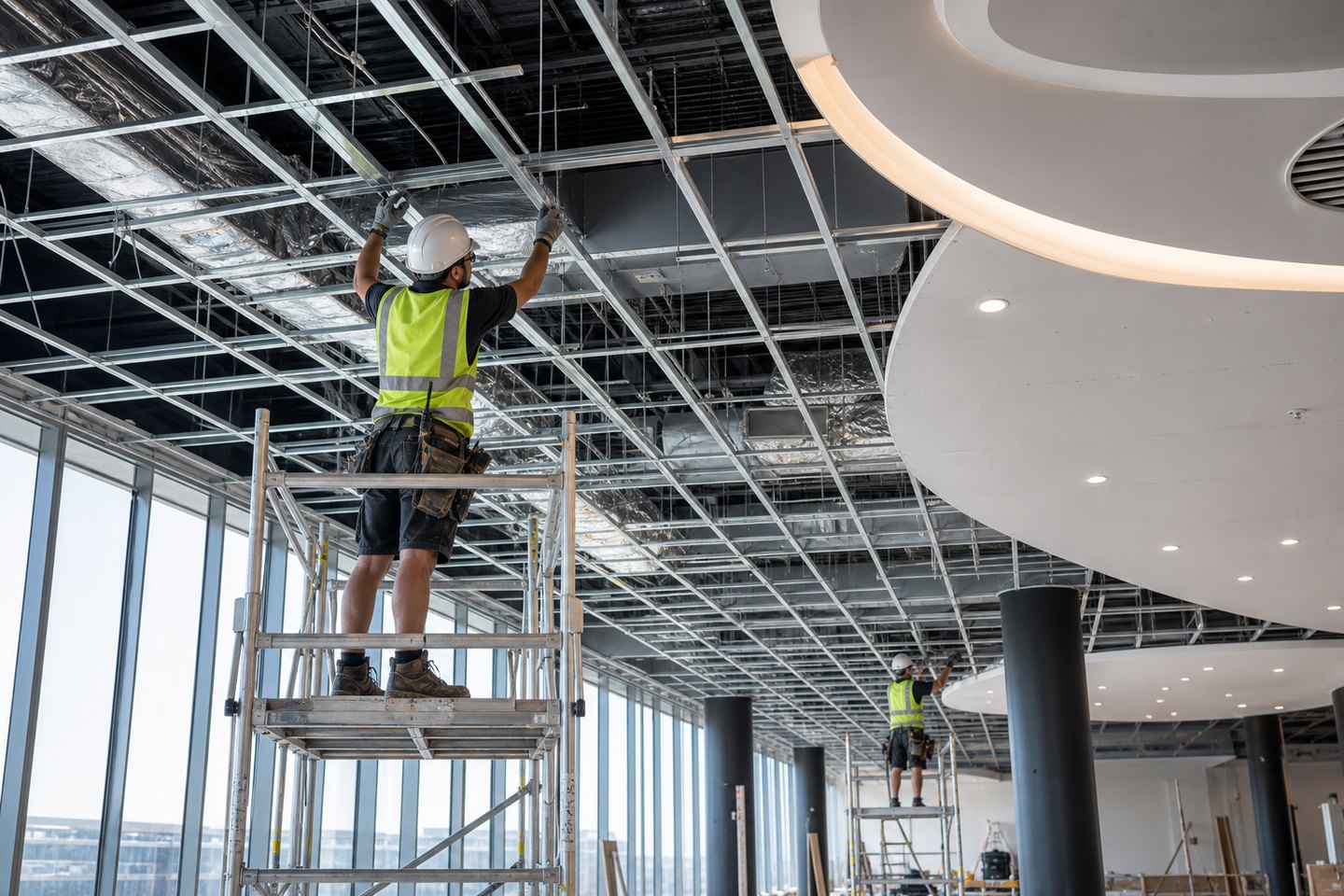 Commercial suspended ceiling framing being installed in a modern office fit-out