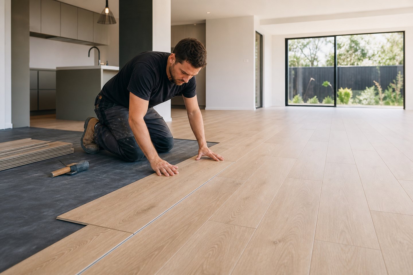 Light oak SPC flooring being fitted in a modern living area