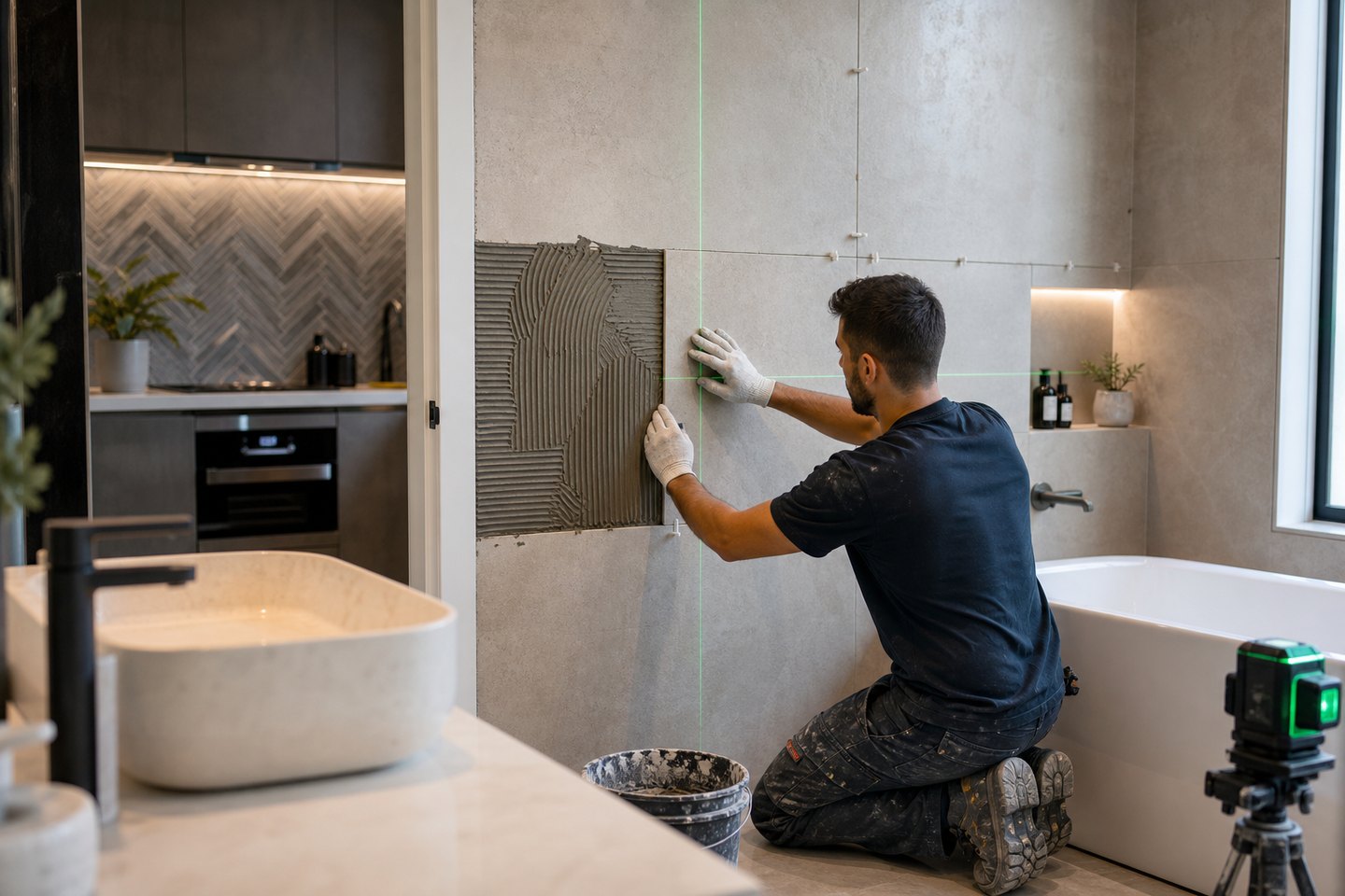 Large-format bathroom tiles being installed with precise alignment