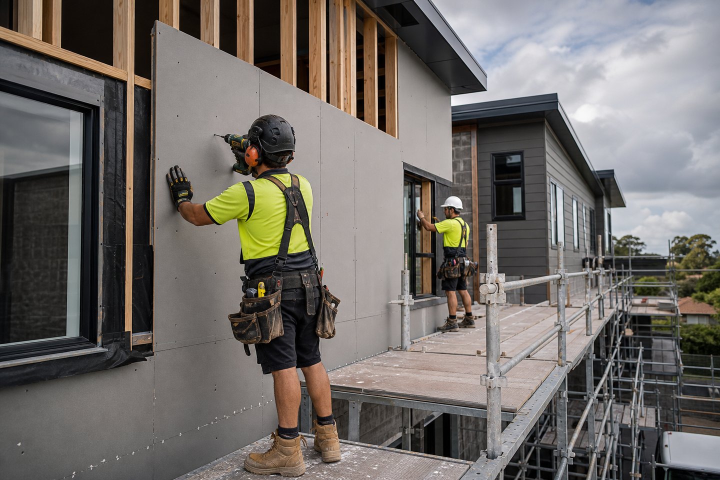 Weather-resistant exterior lining installation on a multi-unit construction site