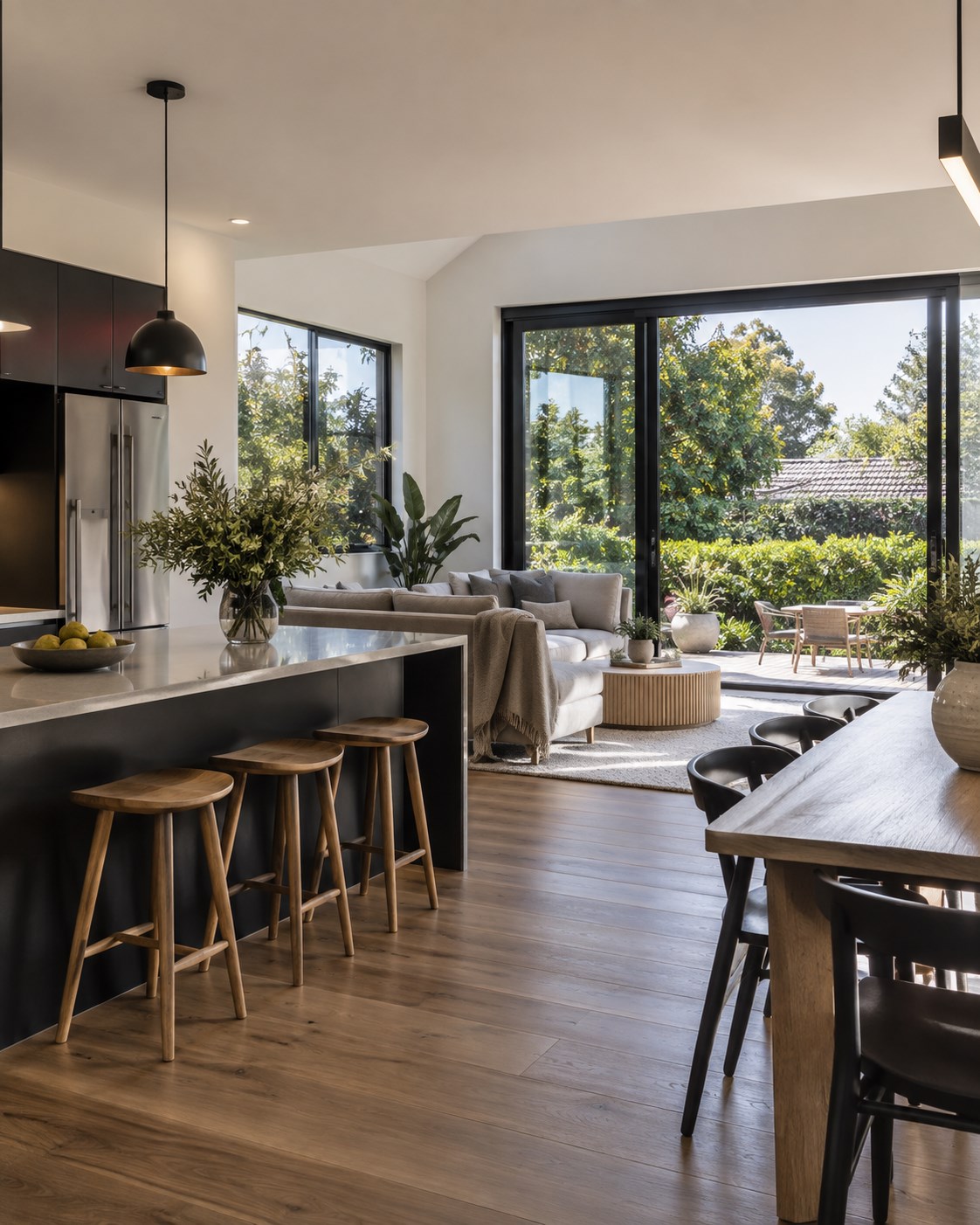 Completed residential interior with black aluminium sliding doors opening to a garden