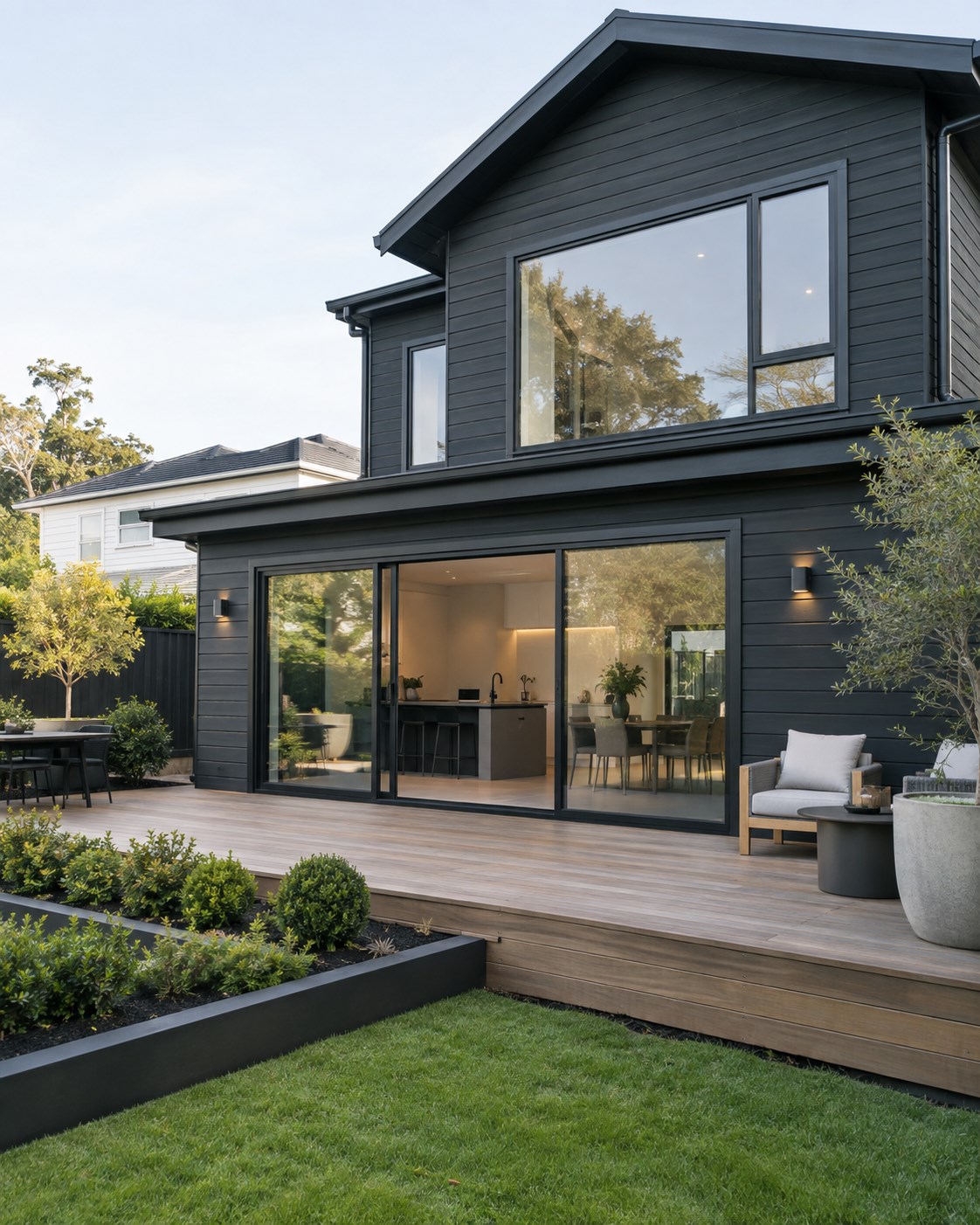 Contemporary weatherboard home with large charcoal aluminium windows and sliding doors
